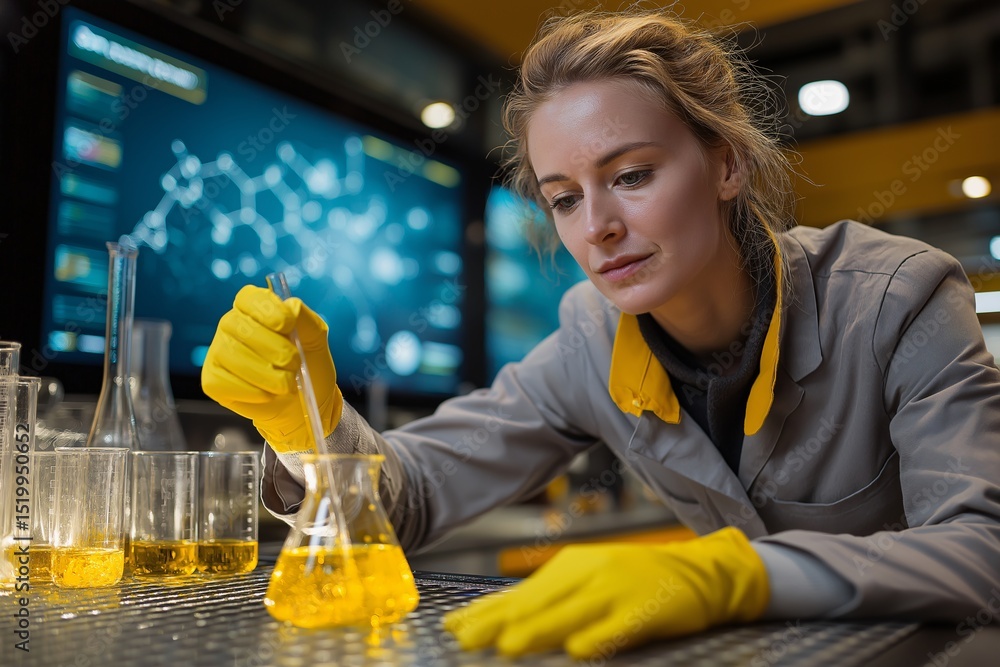 Poster a female scientist conducting an experiment in a laboratory. the scene shows a focused scientist exa