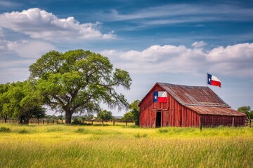 Obraz premium Rustic Farmhouse Under Texas Flag with Cottonwood Tree