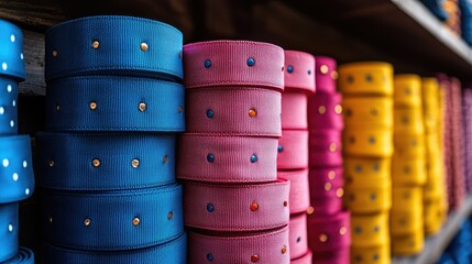 Stacks of colorful ribbon rolls with decorative studs.