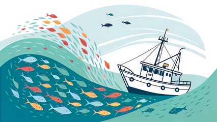 Fishing vessel surrounded by a dynamic underwater current of vibrant fish, rendered in a minimalistic illustrative style