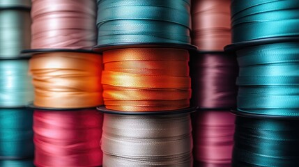 Close-up view of colorful rolls of ribbon.