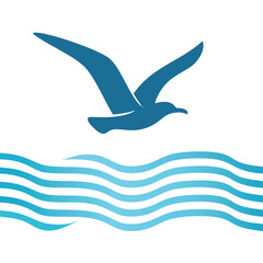 Blue seagull flying over ocean waves abstract design