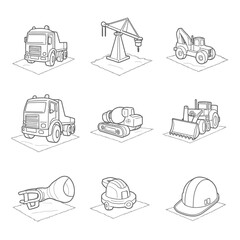 Isometric construction vehicles and equipment vector silhouette icon set Light grey outline line art drawings of trucks crane excavator and hard hat

