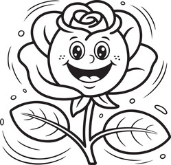 Cartoon Rose Flower with Smiling Face – Black and White Vector for Coloring Book | Smiling Cartoon Rose Illustration for Coloring and Creativity | clipart