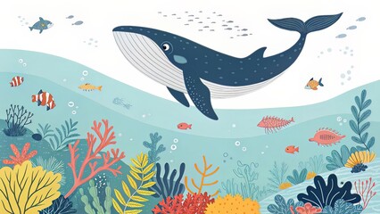 Fototapeta premium Flat design illustration of a large whale navigating a colorful sea floor filled with underwater flora and fauna