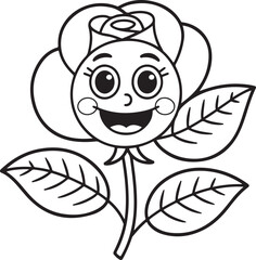 Cartoon Rose Flower with Smiling Face – Black and White Vector for Coloring Book | Smiling Cartoon Rose Illustration for Coloring and Creativity | clipart