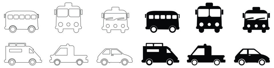 Mixed transportation icon set with solid and outline vehicles for urban projects