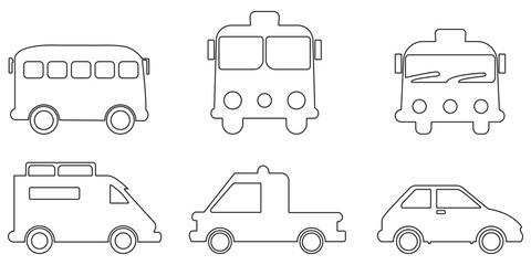 Outline transportation vehicle icon set including cars, buses, vans, and taxi illustrations