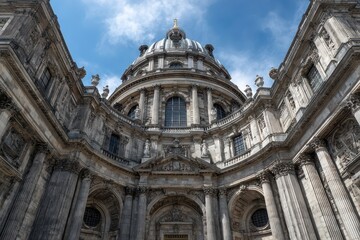 Fototapeta premium Cathedral exterior view with majestic dome, rich details, and stone artistry