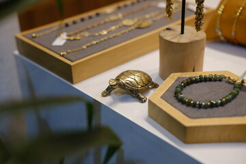 Small bronze turtle figurine on jewelry display shelf
