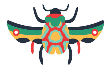 Brightly colored scarab beetle illustration with open wings, showcasing a vibrant and stylized design with red, green, yellow, and blue patterns, perfect for nature inspired projects