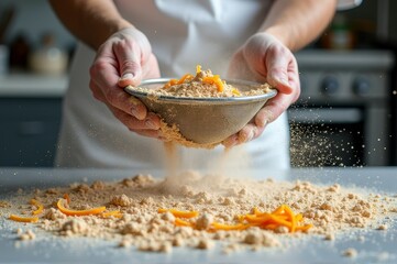 Hands sifting flour and cheese in kitchen preparation scene