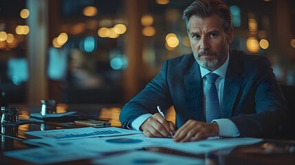Focused business executive reviewing financial reports at his desk