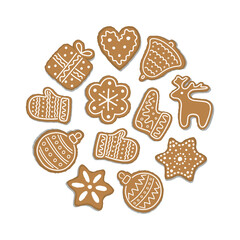 Christmas Cookies Circle. Holiday Banner. Round Frame. Set. Christmas Balls, Bell, Deer, Glove, Sock, Gift Box, Stars, Heart, Flower. Vector Illustration on White Background