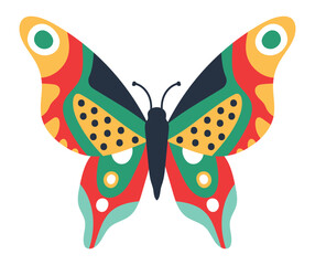 Colorful butterfly with open wings showing a striking and symmetrical design with red, yellow, green, black and light blue colors on a white background
