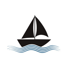Simple black sailboat icon on blue waves