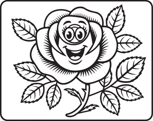 Cartoon Rose Flower with Smiling Face – Black and White Vector for Coloring Book | Smiling Cartoon Rose Illustration for Coloring and Creativity | clipart