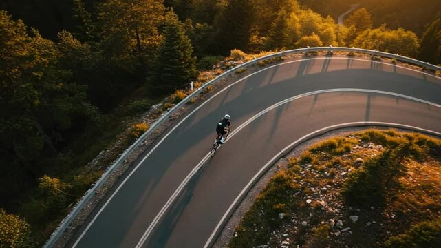 Cyclist navigating hairpin turns on a winding mountain road at sunset