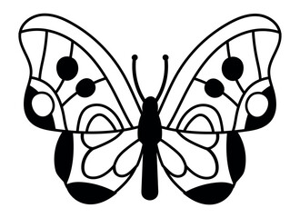 Butterfly with open wings showing a decorative pattern in black and white, ideal for coloring books, illustrations, and graphic design projects