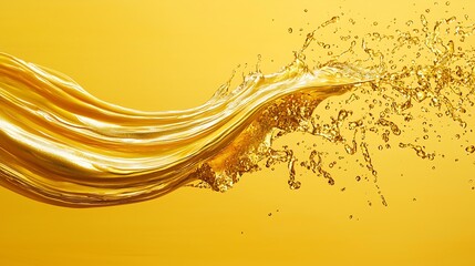 A shimmering gold wave brush stroke over a sunny yellow background, liquid gold splashes bursting outward for a bold and minimalist aesthetic.