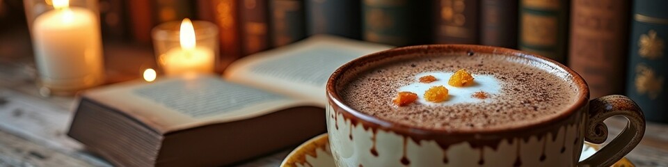 Cozy atmosphere: warm cocoa with marshmallows and open book by candlelight