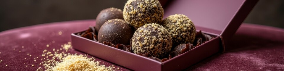 Assorted chocolate truffles in elegant box with sprinkled topping on velvet background