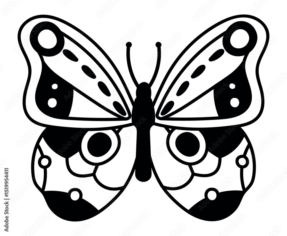 Poster stylized butterfly with patterned wings, antennae and body, creating a visually appealing design in 