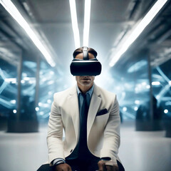 Modern people using virtual reality headsets in stylish interior or abstract space, with room for text