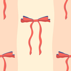 Ribbon bows vector seamless pattern. Trendy coquette repeated design. Hand drawn red thin bowknots on light wavy striped background. Elegant festive repeat tile for wrapping paper, wallpaper, fabrics