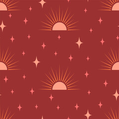 Celestial vector seamless pattern. Pink sunset half sun shapes and scattered stars on dark cherry red background. Mystical sunshine and sparkles design. Spiritual vintage ornament repeat tile