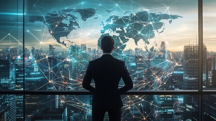 Businessman Overlooking Global Network and Cityscape Future Vision Strategy