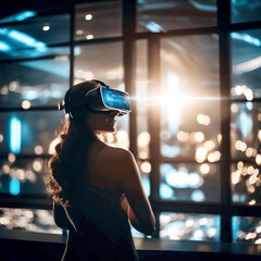 Modern people using virtual reality headsets in stylish interior or abstract space, with room for text
