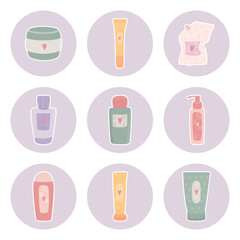 Collection of skincare products arranged in a modern and minimalist style on a soft purple background. A variety of skincare products are neatly arranged in a grid format.