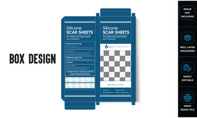 Editable Medical Silicone Scar Sheet Box Packaging Design, featuring product info, usage instructions, and clean clinical layout.