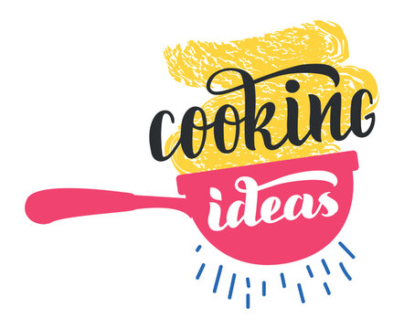 Handwritten lettering displaying cooking ideas alongside steaming food resting on a colander, creating a vibrant concept for a culinary blog, recipe book, or food festival