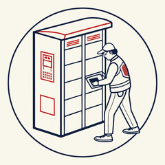 Delivery Person Using Tablet at Automated Parcel Locker in Circular Design
