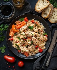 Roasted chicken breast dinner with rice, colorful bell pepper, and fresh tomato, served on a plate for healthy meal.