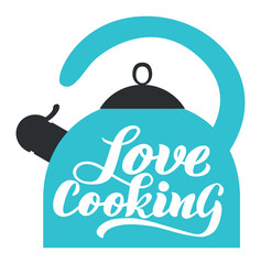 Turquoise kettle with dark gray lid and handle featuring the phrase Love Cooking written in elegant white script, conveying a passion for culinary arts