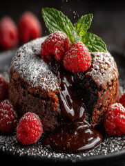 Delicious chocolate lava cake oozing molten chocolate, powdered sugar dusting, fresh raspberries on a white ceramic plate
