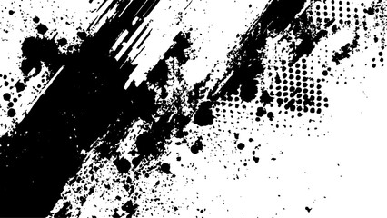 Halftone dots modern grunge texture black grunge brush stroke white background. Black Ink splatter brush stroke on white halftone dots abstract background	