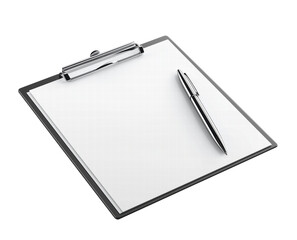 Clipboard holding blank paper and pen on transparent background