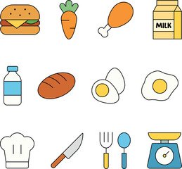 Food and kitchen-related icons. The collection includes grocery items, cooking tools, utensils, ingredients, and food preparation equipment