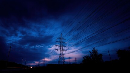 Glowing power lines against a deep blue sky, abstract energy infrastructure with dramatic contrast lighting, symbolizing modern urban vitality.