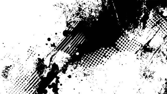 Halftone dots modern grunge texture black grunge brush stroke white background. Black Ink splatter brush stroke on white halftone dots abstract background	