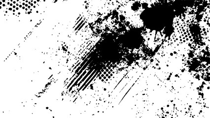 Halftone dots modern grunge texture black grunge brush stroke white background. Black Ink splatter brush stroke on white halftone dots abstract background	