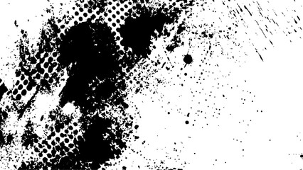 Halftone dots modern grunge texture black grunge brush stroke white background. Black Ink splatter brush stroke on white halftone dots abstract background	