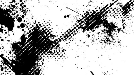 Halftone dots modern grunge texture black grunge brush stroke white background. Black Ink splatter brush stroke on white halftone dots abstract background	