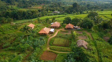 Aerial View of Lush Countryside Village