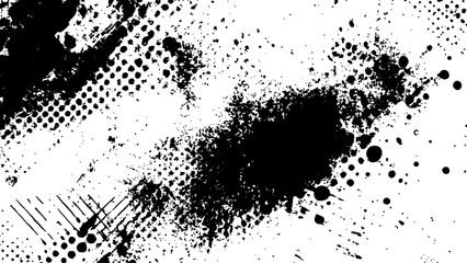 Halftone dots modern grunge texture black grunge brush stroke white background. Black Ink splatter brush stroke on white halftone dots abstract background	