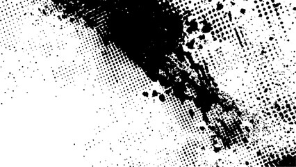 Halftone dots modern grunge texture black grunge brush stroke white background. Black Ink splatter brush stroke on white halftone dots abstract background	